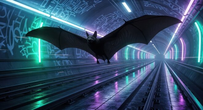 Nocturnal flight: urban subway tunnel adorned with graffiti and bathed in vibrant neon lights