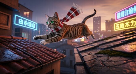 Whimsical feline acrobat gracefully leaps across rooftops in a cyberpunk cityscape scene