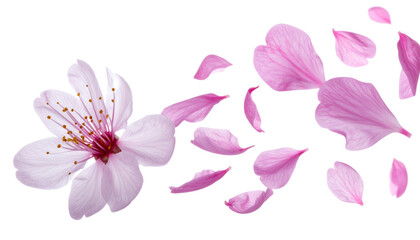 Fototapeta premium Delicate pink cherry blossom petals scattered and falling in a gentle breeze, symbolizing spring and new beginnings