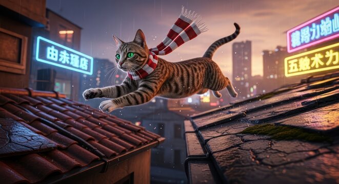 Whimsical feline acrobat gracefully leaps across rooftops in a cyberpunk cityscape scene - Powered by Adobe