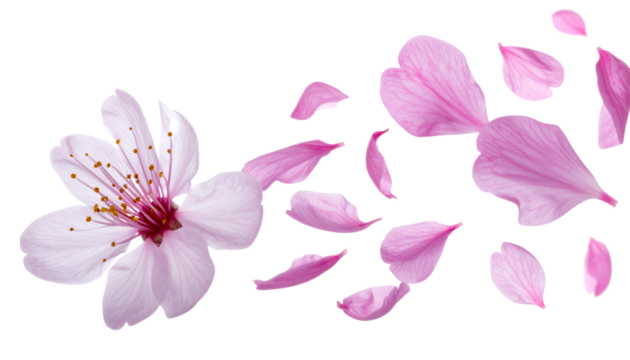 Delicate pink cherry blossom petals scattered and falling in a gentle breeze, symbolizing spring and new beginnings