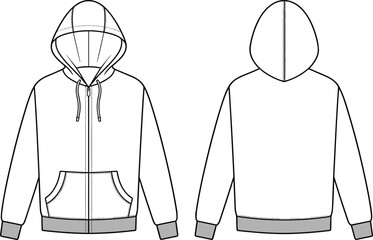 Hooded zipper sweatshirt technical fashion flat sketch vector template with long sleeves drawstring and split kangaroo pockets unisex apparel mockup CAD drawing