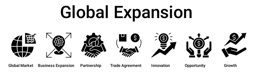 Global Expansion banner web icon vector illustration concept for business with icon of Global Market, Business Expansion, Partnership, Trade Agreement, Innovation, Opportunity.