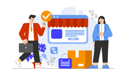 Business People Running Online Store Promotion Flat Vector Illustration