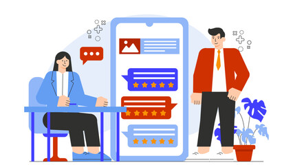Business People Checking Online Customer Reviews Flat Vector Illustration