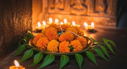 Marigold flowers and glowing candles create a serene ambiance for Diwali festival