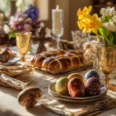 easter table setting with flowers with hot cross buns 