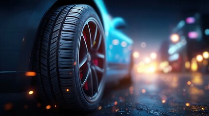 Sleek automotive tire with red accents on modern sports car, offering a smooth ride on a vibrant city street at night, perfect for automotive ads