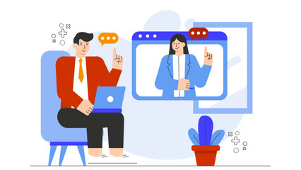 Flat Design Remote Team Brainstorming Session Flat Vector Illustration