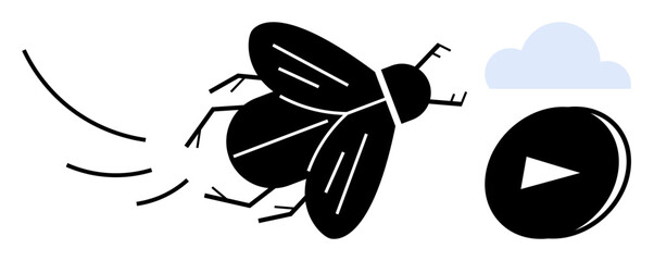 Flying insect in movement outlined in black near a play button and soft cloud. Ideal for speed, technology, creativity, ideas, motion, innovation, nature. Simple flat metaphor © robu_s