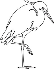 Minimalist Line Drawing of a Heron Standing on One Leg in White Background