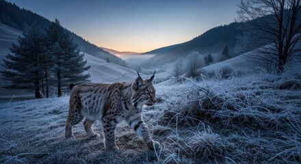 Lynx traverses a frosted landscape during a serene mountain sunrise adventure