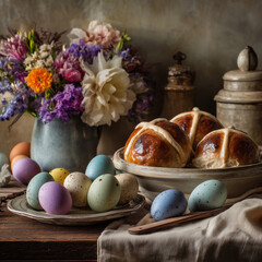 easter table setting with flowers and hot cross buns 