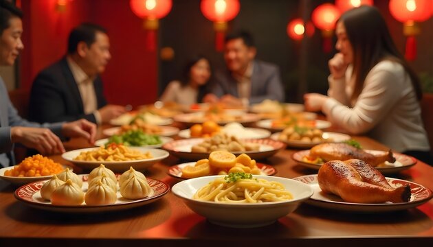 A vibrant table set for Lunar New Year, featuring dumplings, spring rolls, and red envelopes, with family enjoying the feast