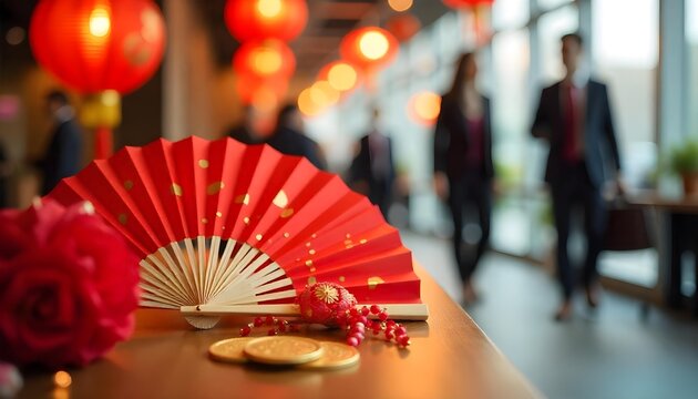 A red fan and gold coin set the scene for a joyful Chinese New Year celebration, showcasing office camaraderie and festivity