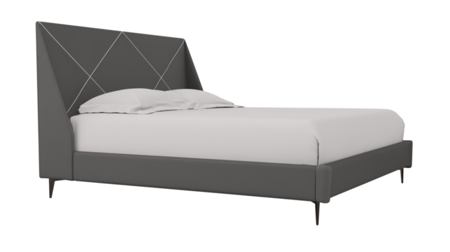 Contemporary bed with geometric headboard and black metal legs on transparent background