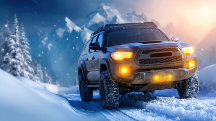 Obraz premium Conquer winter roads with a powerful off-road vehicle adventures, exploring snowy mountains and icy landscapes for thrilling outdoor experiences today