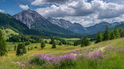 Idyllic alpine mountain landscape with vibrant spring meadows, lush green slopes, wildflowers in full bloom, and majestic snow-capped peaks under clear bright sky in peaceful european wilderness