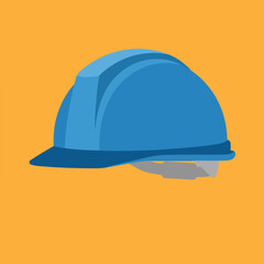 This is a vector illustration of a blue hard hat, a safety helmet worn in industrial and construction settings, set against an orange background.