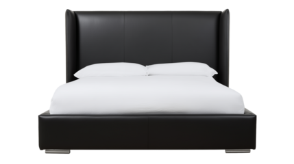 Sleek modern black leather bed with white bedding on transparent background