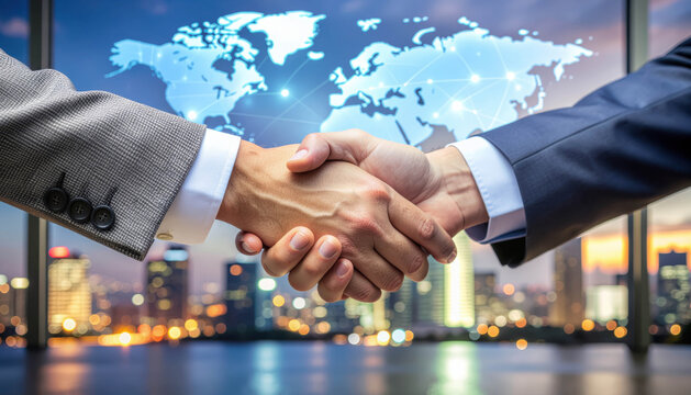 Business handshake partnership deal cooperation global network cityscape