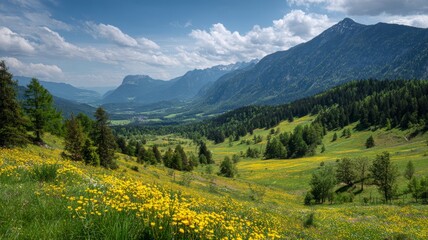 Idyllic alpine mountain landscape with vibrant spring meadows, lush green slopes, wildflowers in full bloom, and majestic snow-capped peaks under clear bright sky in peaceful european wilderness