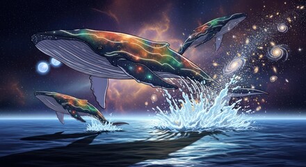 Cosmic whales emerging from the ocean under a celestial night sky full of galaxies