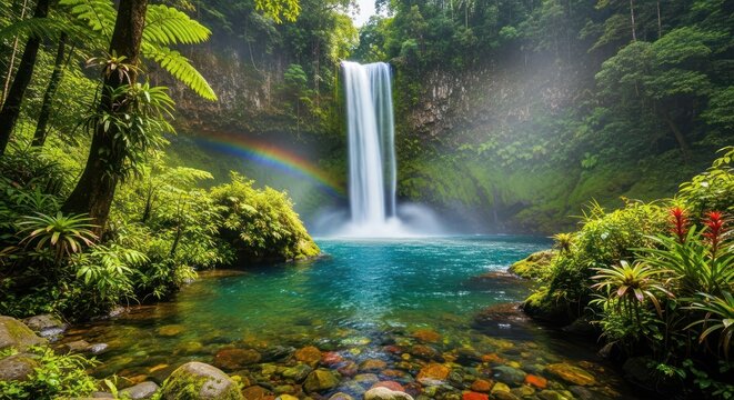 Spectacular waterfall cascading into a vibrant pool amidst lush tropical foliage