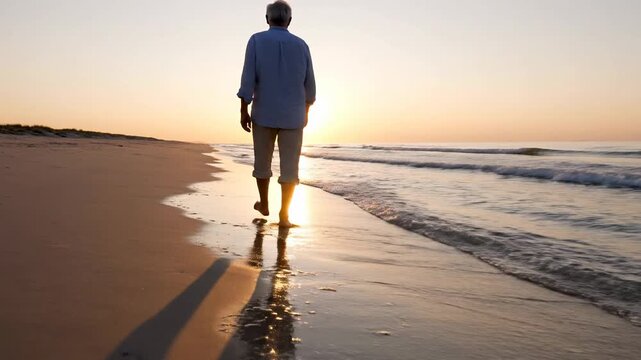 Man walking on beach at sunset with ocean waves and sand.