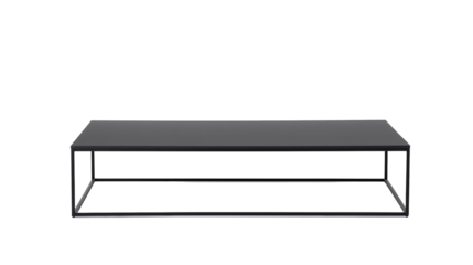 Sleek modern coffee table with dark gray reflective surface and black metal base on transparent background