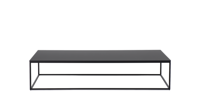 Sleek modern coffee table with dark gray reflective surface and black metal base on transparent background