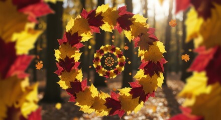 Autumnal vortex created with falling maple leaves in a mesmerizing spiral motion