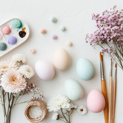 set of easter eggs and flowers with paint brushes 