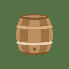 A brown wooden barrel stands centered against a green background, featuring light brown staves and darker brown hoops in a simple, cartoonish style.