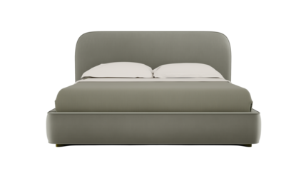 Modern bed with curved headboard and muted green upholstery on transparent background