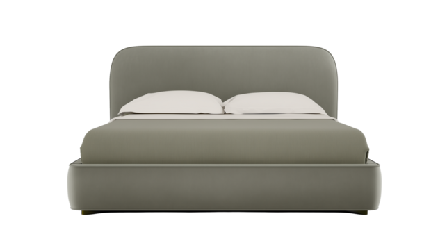 Modern bed with curved headboard and muted green upholstery on transparent background