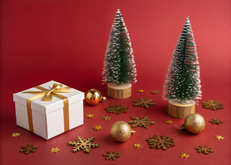 christmas tree and gift box on red background