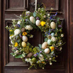 easter wreath hung on wooden door for spring 