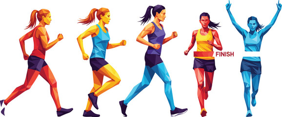 Running women abstract geometric vector, marathon race finish line moment, female runner victory celebration, active healthy lifestyle concept