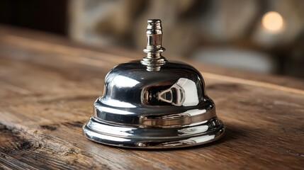Shiny metal service bell on a rustic wooden counter, ready to be rung for assistance.