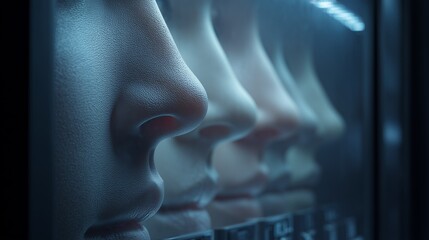 Different human faces displayed in a row during an art installation in a gallery at night. The noses of rubber dolls are robots