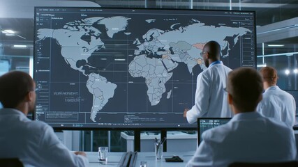 Scientists or researchers in lab coats analyzing a large digital world map display in a modern control room or research facility.