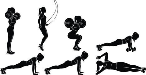 Strong Woman Fitness Workout Silhouettes, Barbell Squat, Jump Rope, Plank, Strength Training, Vector Illustration, Healthy Lifestyle, Exercise.