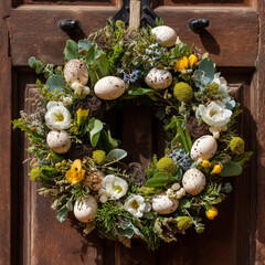 easter wreath hung on wooden door for spring 