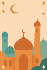 Vertical layout featuring abstract mosque silhouettes, crescent moon, and decorative stars along edges.