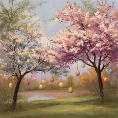 spring trees with easter eggs hanging for decoration 