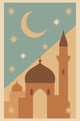 Vertical layout featuring stylized mosque silhouettes, crescent moon, and abstract stars along edges