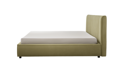 Contemporary bed with olive-green headboard and black legs on transparent background