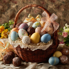 chocolate easter eggs in a basket decoration 