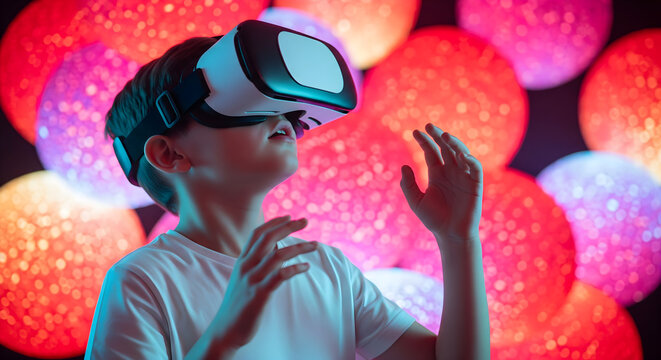 Enter the Metaverse: Young boy immerses himself in virtual reality with VR headset against vibrant colorful bokeh lights, exploring digital worlds and futuristic gaming experiences
